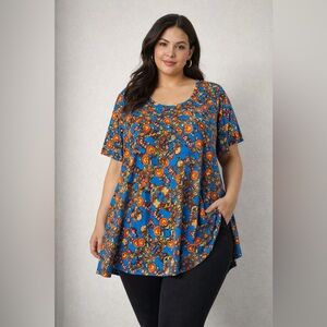 LuLaRoe Floral Swing Tunic Top 2XL Blue Orange Short Sleeve Flowy Plus Size
